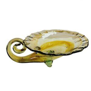 Vintage Spiro Glass Co Blown Glass Cornucopia Green Brown Swirl Footed
